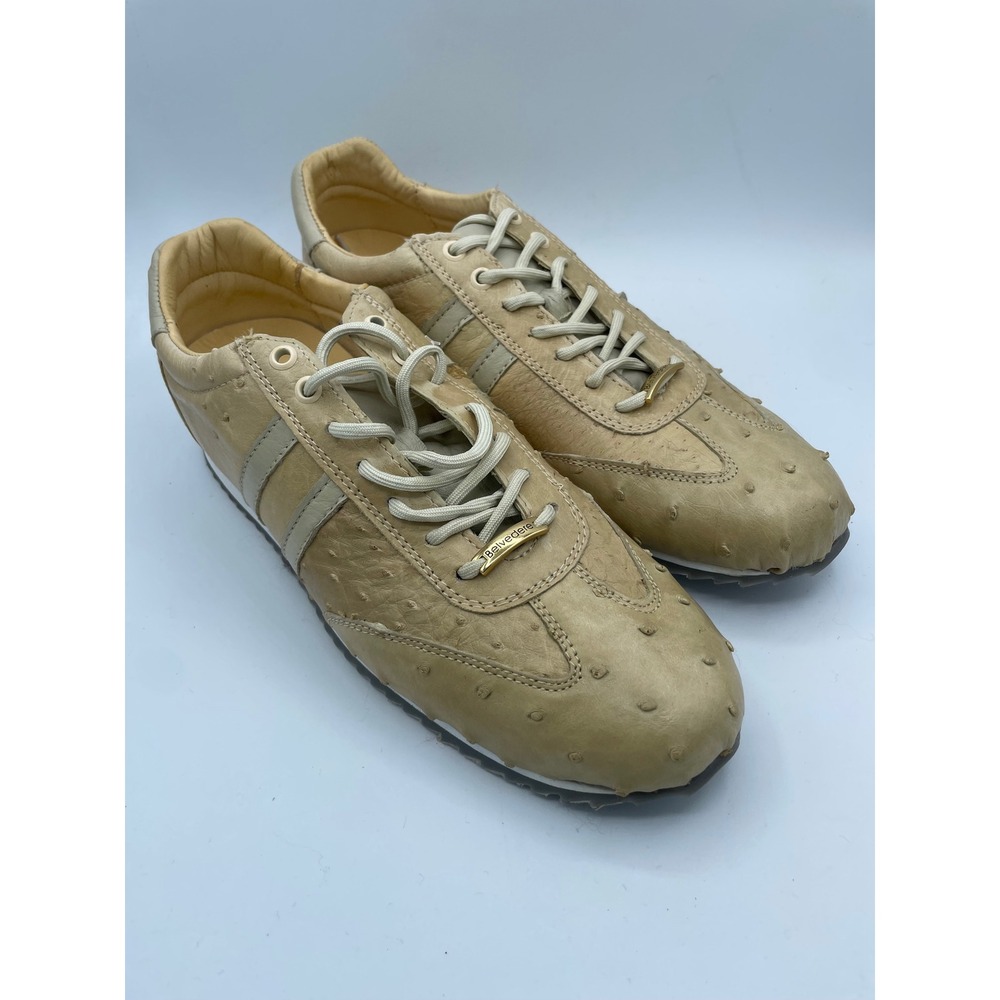 Belvedere Parker Genuine Ostrich Leather Sneakers Bone Mens 11 6004 Luxury Shoe